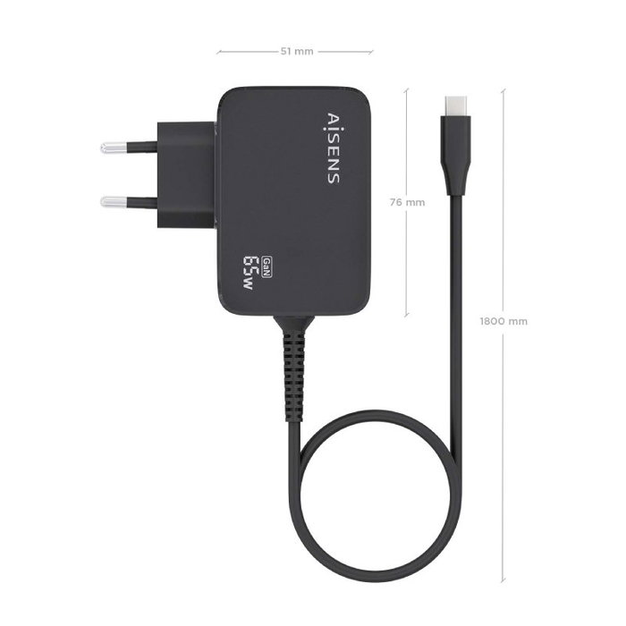 Aisens Cargador GaN 65W PD3.0 con Cable USB-C 1.8m Negro ASCH-1PD65WL033-BK Aisens Cargador GaN 65W PD3.0 con Cable USB-C 1.8m Negro ASCH-1PD65WL033-BK